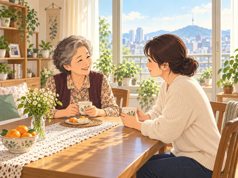 집에서 눈높이를 맞추고 어르신의 이야기를 듣는 가족의 일러스트