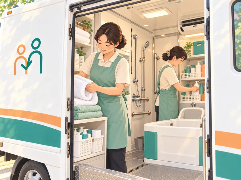 방문목욕 차량 안에서 수건과 물품을 준비하는 두 담당자의 일러스트