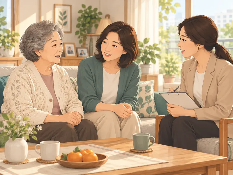 집에서 어르신과 가족이 방문자에게 평소 생활을 설명하는 애니메이션 일러스트