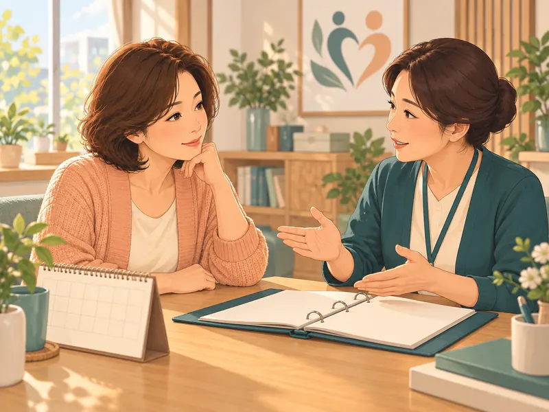상담 자리에서 이용계획과 질문을 함께 살펴보는 보호자와 담당자의 애니메이션 일러스트