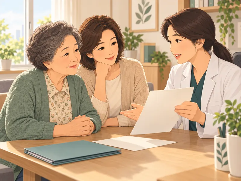 진료실에서 어르신과 가족이 의사에게 서류 안내를 듣는 애니메이션 일러스트