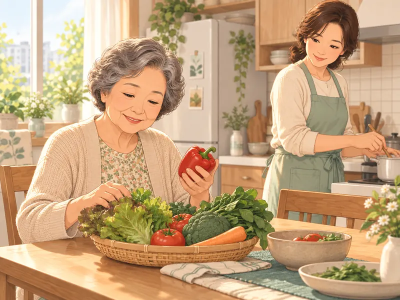 식사 재료를 고르는 어르신 곁에서 준비를 돕는 요양보호사의 애니메이션 일러스트