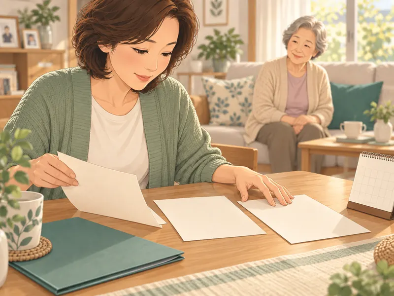 서류 세 장과 이용계획을 나누어 살펴보는 보호자의 애니메이션 일러스트