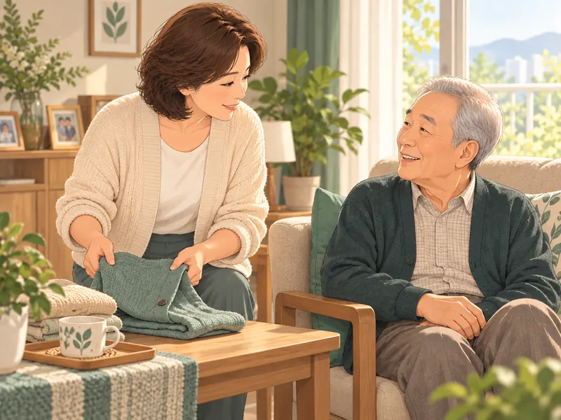 어르신 곁에서 옷을 정리하며 이야기를 나누는 가족의 애니메이션 일러스트