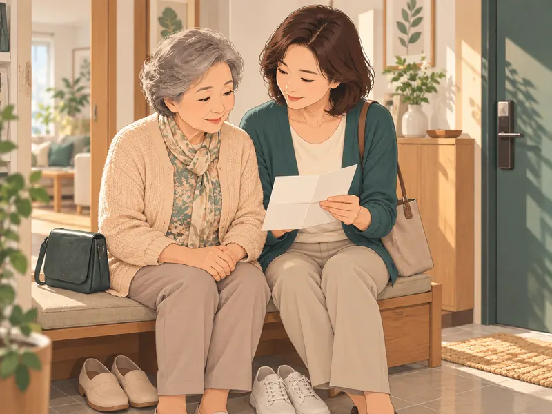 외출을 앞두고 어르신과 가족이 병원 방문 준비를 함께 확인하는 애니메이션 일러스트