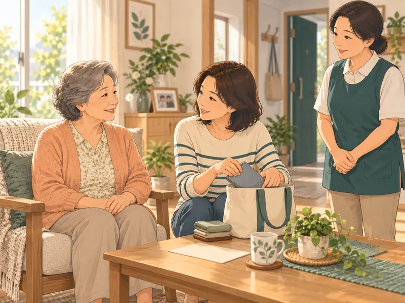 귀가한 어르신과 가족이 다음 방문을 함께 이야기하는 애니메이션 일러스트