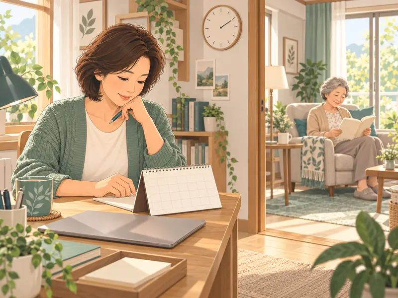 어르신이 쉬는 동안 달력에 근무와 돌봄 일정을 정리하는 가족의 애니메이션 일러스트
